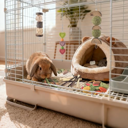 KATUMO Rabbit Chew Toys, Bunny Treats Chew Toys for Small Animals | Strung Hanging Toys for Teeth, Natural Apple Wood Sweet Bamboo Grass Timothy Sticks for Guinea Pig, Hamster, Chinchilla