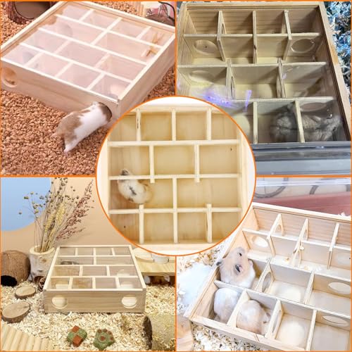 Kathson Wooden Hamster Tunnel Maze with Cover,Multichamber Hamster Hideout | Mice House Tunnel Exploring Toy for Dwarf Hamsters, Gerbils,Small Animals - color: Transparent-top hamster hideaway