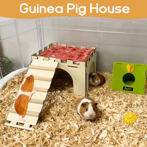 Guinea Pig Hideout,Large Wooden Guinea Pigs House with Stairs and Mats,Detachable Guinea Pig Castle Hide for Small Animals Hamster Chinchilla Ferret Habitats Accessories - size: 1 House