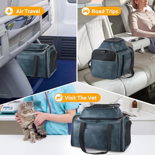 Premium Leather Top Expandable Pet Carrier for Small Dogs & Cats Under 15 lbs, Airline Approved Collapsible Soft-Sided Luxury Travel Bag Blue - color: Blue