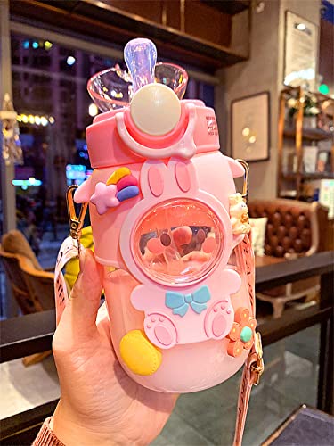 Kawaii Water Bottle Cute Water Bottles with Straw, Kawaii Bear Water Bottle with Adjustable Strap and Stickers - for School Outdoor Travel, BPA-Free, 24oz (Pink Rabbit) - color: Pink Rabbit