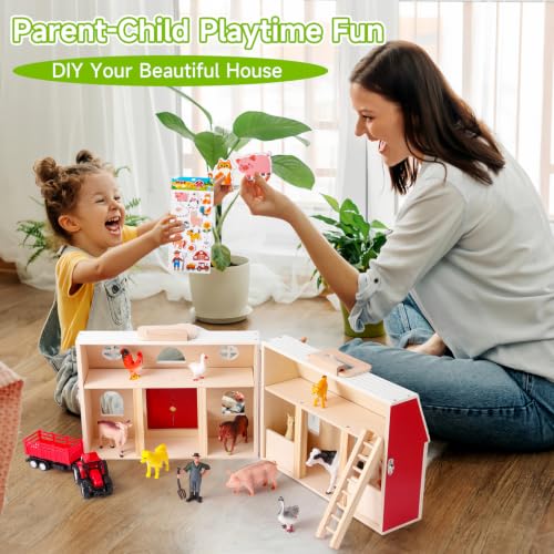 Wooden Barn Toy Set with Farm Animals, Portable Pretend Play Barn Playset for Kid 3+, Farm Animal Figures, Montessori STEM Educational Animal Playset for Kids Birthday