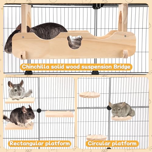 BWOGUE Chinchilla Suspension Bridge & Ledges, Chinchilla Cage Accessories | Chinchilla Wooden Ledges, Chinchilla Shelves, 1 Bridge & 6 Platforms, Natural Pine, Screw-Mounted Design, Climbing & Resting