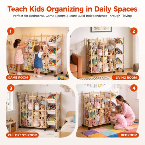Toy Storage Organizer with 3 Removable Bins, Kids Storage Toy Shelf Organizer for Stuffed Animal Holder for Bedroom Playroom Nursery | Wood & White