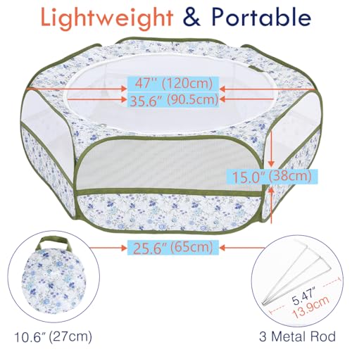 Pawaboo Small Animal Playpen with Zippered Cover, Blue + White Flower | Portable pop-up pet tent for supervised rabbits, guinea pigs, chicks and kittens; water-resistant bottom and 3 metal rods - color: Blue + White Flower