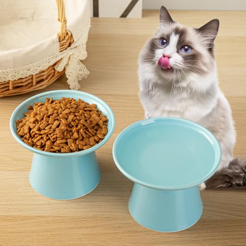 Ceramic Elevated Cat Bowls - 6.2 Inch Extra Wide Raised Cat Food and Water Bowl Set for Indoor Cats, Whisker-Friendly Ceramic Cat Dish for Elder Big Cats & Small Dogs,Blue,1 Pack - color: Blue, size: 1 Pack