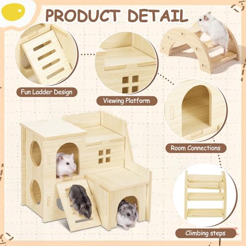 BreezeHug 4 Pcs Hamster Cage Accessories Hamster Platform Hideout Wooden Tunnel Ladder Playhouse Game Climbing Toy with Platform for Pets Dwarf Syrian Mice Degus Gerbils Squirrel(Villa) - style: Villa