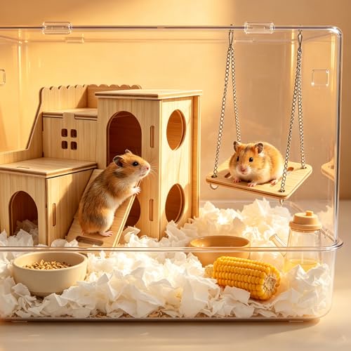 Hamster Wooden Maze House with Slide, Double-Decker Hut and Small Swing, Hideout Play Toys for Dwarf Hamsters, Gerbils, Mice and Other Small Animals (Only for Small Hamsters)