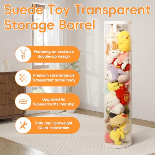 47.2 Inch Zippered Stuffed Animal Storage Tube, Large Capacity Space Saver | Large capacity transparent stuffed animal storage tube with zipper，Quick assembly stuffed animal tube organizer