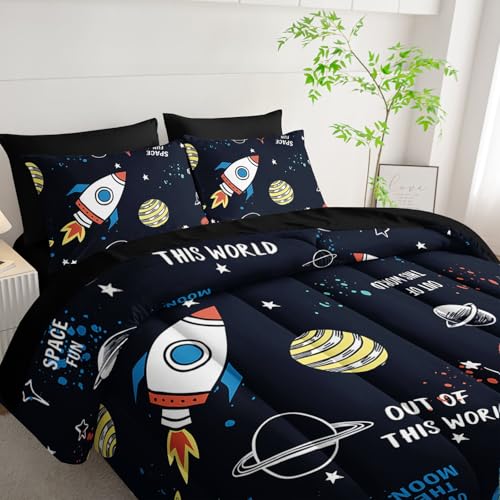 7Pcs Space Comforter Set Astronaut Space Rocket Printed Bedding Set with 1 Comforter, 1 Flat Sheet, 1 Fitted Sheet and 4 Pillowcases for Boys and Girls Bedroom (Astronaut Queen - color: Astronaut, size: Queen 90x90inches
