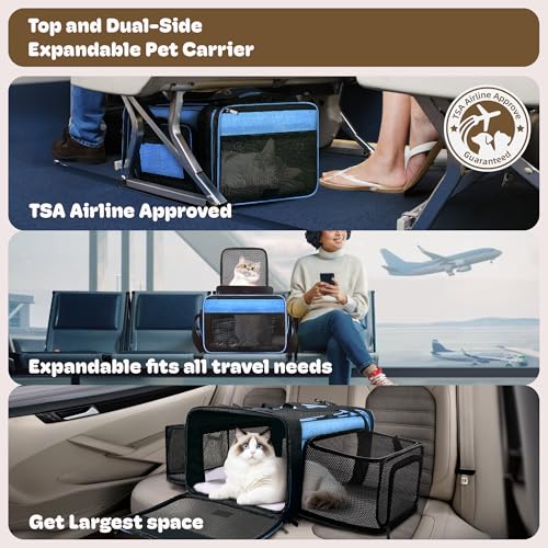 Top and 2 Sides Expandable Cat Carrier 18x13.5x9.5 TSA Airline Approved | Dog Carriers for Small Dogs, Soft-Sided Pet Carrier, Anti-Scratch Mesh, Lockable Zippers, for Kitten, Rabbit, Puppy, Blue - color: Blue, size: 18.0"L x 13.5"W x 9.5"H