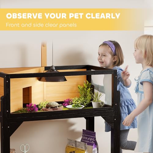 PawHut Tortoise Habitat w/Storage Shelf, Clear Windows, Lamp Holder Yellow | Wooden Tortoise Enclosure, Openable Top, Built-in Tray, Reptile Cage for Indoor Outdoor Use - color: Yellow