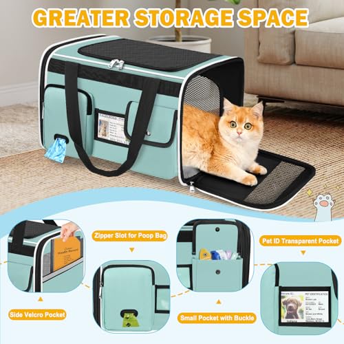HUANLANG Large Cat Carrier Travel Soft Sided Pet Carrier Airline Approved | Dog Carriers for Small Dogs Medium Cats,Collapsible,3 Storage,zipper lock,Reflective strips,Luggage Strap, Up to 15 Lbs - color: Green