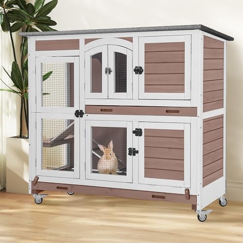 2-Story Rabbit Hutch with Wheels, Bunny Cage with Two Deepened Leak-Proof Trays, Indoor Outdoor Guinea Pig Cage with Waterproof Asphalt Roof - Brown - color: 44"L Milk Coffee