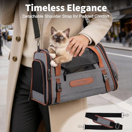 Premium Pet Carrier for Cat, Carry Purse with Head Hole, Seatbelt Buckles | High Qualiy Leather, Medium to Large Cat up to 20lbs, Small Puppy Dog 10lbs Car Travel Crate, Top & Side Load, Luggage Sleeve