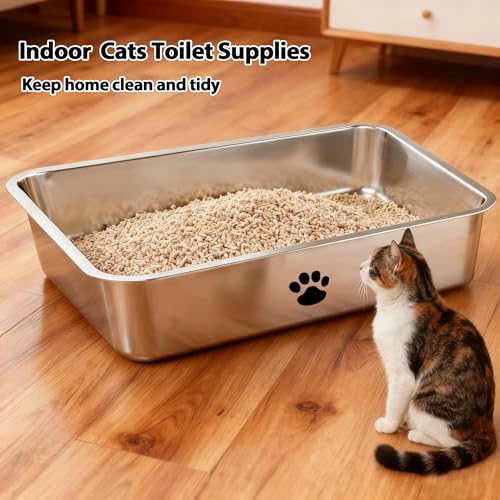 Stainless Steel Cat Litter Box, Large Metal Litter Pan,Low Entry for Cats and Kitty Rabbits,Elder Cats,Easy Clean, Non Stick Litter Box, No Smell - size: 20" x 14" x 4"