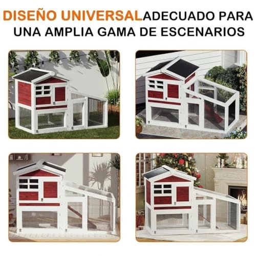 2-Tier Wooden Rabbit Hutch - 54" Indoor/Outdoor Bunny Cage with Weatherproof Asphalt Roof, Non-Slip Ramp & Removable Tray, for Rabbits Guinea Pigs Chickens Red - color: Rufous White