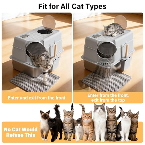 Stainless Steel Litter Box with Lid,XL Large Enclosed Cat Litter Box | Front & Top Entry Metal Litterbox, Odor Control,Anti-Leakage, Non-Sticky, Includes Mat&Scoop,23.8 x 15.8 x 15.8 inches - color: Enclosed
