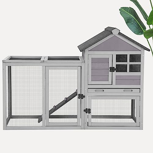 Rabbit Hutch Indoor Outdoor Bunny Cage with 5 Access Doors, Run, Pull-Out Deeper Leakproof Tray and Waterproof Roof - color: Grey
