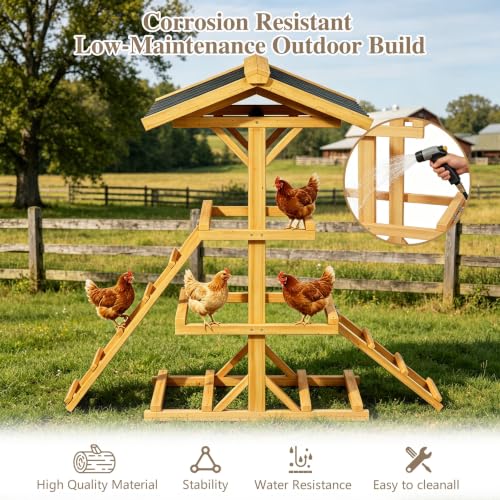 Outdoor Wooden Chicken Roost Perch Multi-Tier Activity Stand | Let Chickens Run, Play & Stay Healthy, Ideal for Backyard Coops & Farms, Fits 8-12 Chickens - color: C02 Brown with Black