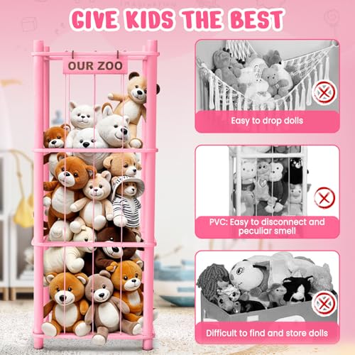 Woodure Stuffed Animal Storage & Organizer, Wooden Cute Zoo Toy Holder for Toddler Rooms, Playrooms & Bedrooms（Pink） - color: Pink