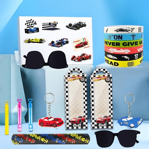 120PCS Race Car Party Favors, Race Car Birthday Decorations and Supplies | 120PCS race car party favors with bracelets, keychains, gift bags, glasses, stickers, bubble wands and mini cars. - style: Race Car
