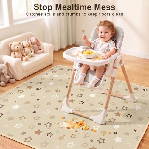 Basumee Splat Mat for Under High Chair, Waterproof & Mess-Proof Floor Mat | 46"×42" Baby Splash Mat, Non Slip Bottom, 4-Layer Fabric, Food & Liquid Catcher, Machine Wash for Boy Girl, Meals, BLW, Craft - color: Brown Stars, size: 46x42 Inches