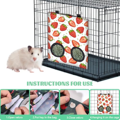 2Pcs 2 Styles Strawberry Hay Feeder Bag for Guinea Pigs Chinchillas 11.6 x 9.1 Inch Small Pet Hay Bag with 2 Holes Strawberry Watermelon Cloth Washable Pet Feeding Storage Cage Accessories - color: Strawberry