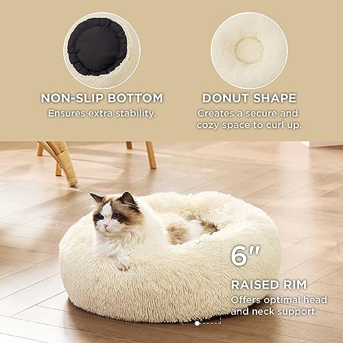 Bedsure Calming Cat Beds Donut Round Washable Kitten Bed,20 inches Cream | Fluffy Faux Fur Cuddler,Machine Washable,Anti-Slip Bottom,Anti-Anxiety,Deep Sleeping for Cats&Small Pets Up to 15 Lbs - color: Ivory Beige, size: 20"L x 20"W x 6"Th