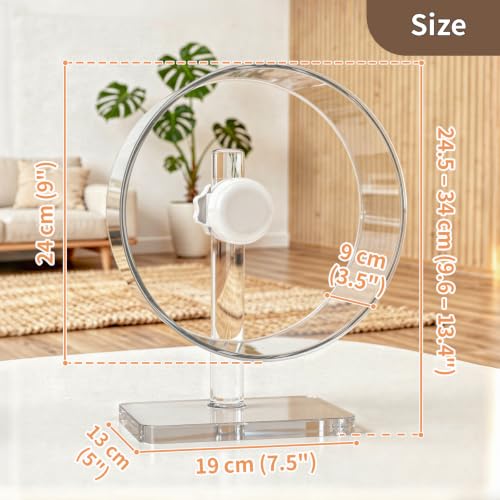 9.5" Silent Hamster Wheel - Clear Running Wheel | 9.5" compact size, easy-clean flat runway, quiet dual bearings, heavy-duty stable base, adjustable stand - size: 9.5"L x 5.0"W x 13.0"H