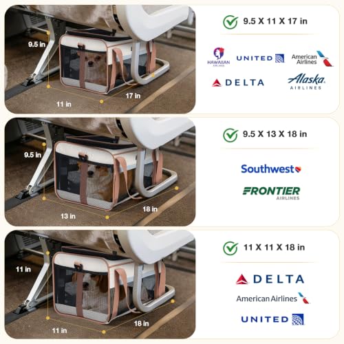Lekereise Top-Expandable Pet Carrier 18x11x11Inch Delta American United Airline Approved Soft Sided Underseat to 15lbs Travel Carriers for Small Dogs Cats with Locking Safety Zippers Anti-Scratch Mesh - color: Khaki