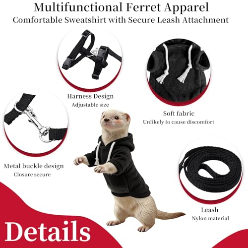 Ferret Clothes and Leash Set, Warm Hoodie Sweater with Harness and Leash for Outdoor Walking, Cozy Wear for Ferrets, Chinchillas, Small Pets, Adjustable Small Pet Outfits (Black) - color: Black