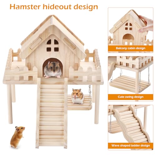 Hamster Wooden House with Platform,Ramp & Swing - Natural Wood Play Set forSyrian Dwarf Hamsters, Gerbils, Mice,Small Animals Cage Accessories