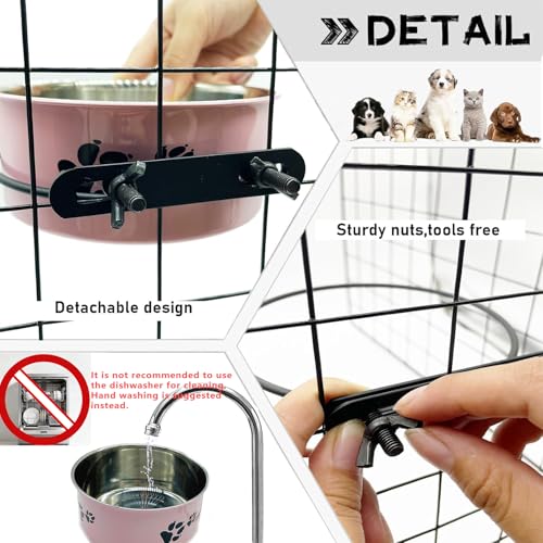 Dog Crate Food and Water Bowl 2Pcs Small Pet Hanging Kennel Removable Dish Feeding Cup No Spill with Holder for Medium Large Size Cat Puppy (Pink, 5.5''X2.3''&6.3‘’X2.5'') - color: pink