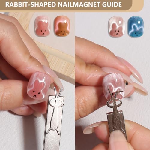 3 in 1 Cat Eye Nail Magnet Tool Set, Wooden Handle Cat Eye Gel Nail Polish Magnet Pen with 4 PCS Rabbit Shape Nails Magnetic 2 PCS Y Shape Clippers Heart Magnetic, Nails Art DIY Tool at Home - color: 7pcs