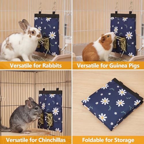 Ondware Hay Feeder Bag for Rabbits & Guinea Pigs, Hanging Dual-Port, Blue | 600D Oxford Fabric, Washable, Collapsible, Helps Reduce Hay Waste, Keeps Cages Tidier