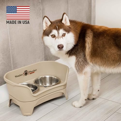 Neater Feeder Express Mess Proof Dog Bowls Elevated for Medium and Large Breed – Made in USA – No Spill Raised Slow Feeder Elevated Dog Bowl Stand, Slow Feed Food and Water Bowl Set, Almond - color: Almond, size: Medium to Large w/ 9 Peak Slow Feed Bowl