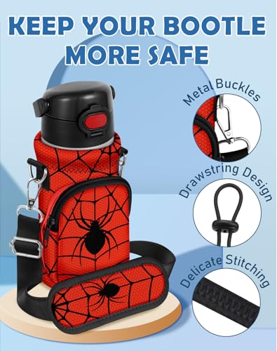 Water Bottle Carrier with Strap for Kids, 14-20 oz | Insulated, Neoprene Water Bottle Holder Bag with Pocket, Cute Cartoon, Bottle Bag for boys and girls, Walking Hiking Camping - color: Black Spider