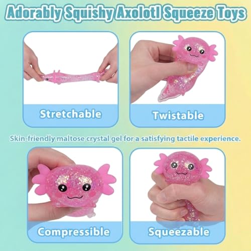 3.94 in Pink Glitter Crawling Axolotl Squishy Slow Rising | Soft TPR, Floating Glitter, squeeze toy, busy hands, stress relief, focus support, home, class, travel, kids and adults - color: Pink
