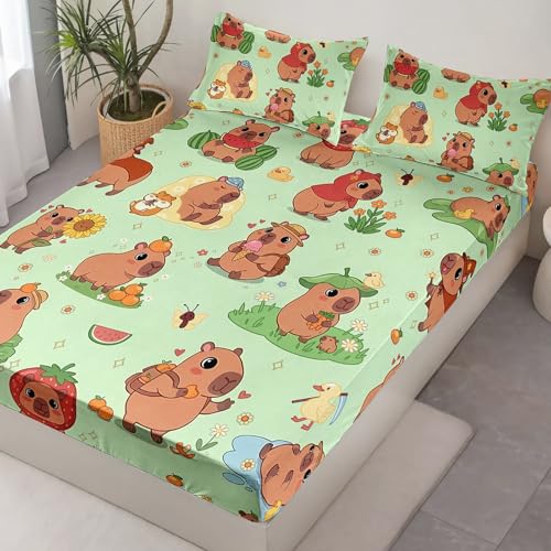 AILONEN Kawaii Capybara Fitted Sheet Set Twin XL Size, Boys Girls Cartoon Cute Capybara Bedding Set for Kids Teens,Grass Green Bed Sheet Set,1 Fitted Sheet + 2 Pillowcases,3 Piece - color: Capybara2, size: Twin XL