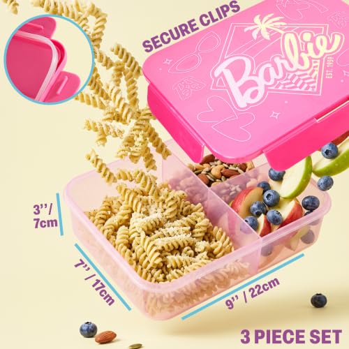 Get Trend Barbie Girls Lunch Bag, Bento Box & Water Bottle 3 Piece Set | Insulated Lunch Bag, 3 Compartment Lightweight Snack Box, 22 fl oz BPA-Free Water Bottle with Straw, School, Gifts for Girls - color: Pink Barbie