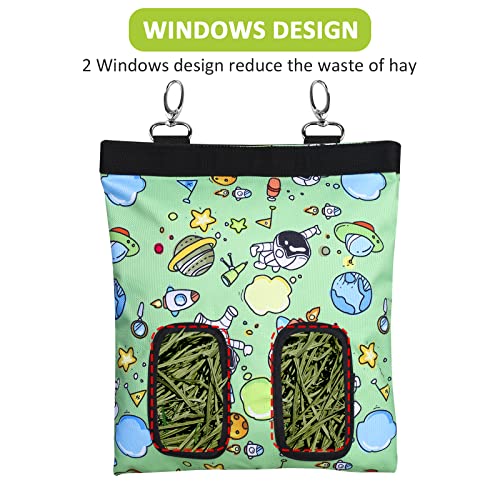 Rabbit Hay Feeder Bag Hanging Hay Rack (Pattern Green, 2 Windows) | Guinea Pigs Manger Holder Dispenser Small Animal Feeder Storage Pouch for Bunny Chinchilla Hamster - color: Pattern Green