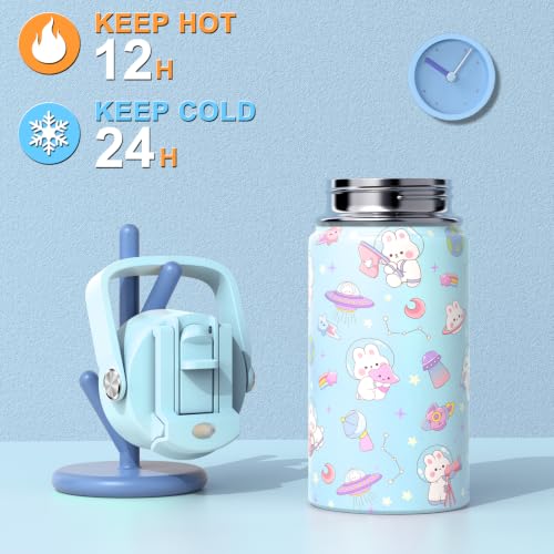 FIXITOK Girls Backpack with 14oz Insulated Water Bottle Set, Kawaii Bunny School Backpack for Girls with Kids Water Bottle Lunch Bag Pencil Case for Kindergarten Elementary Preschool School - color: W-dreamy Aquamarine