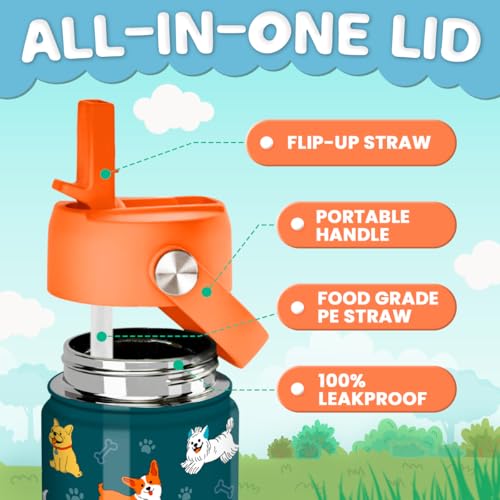 SANDJEST Puppy Water Bottle - Kids Water Bottle with Straw Lid - 12 Oz Insulated Stainless Steel Water Bottles for Kid Boys Girls - Travel Cup for School Sports - color: Puppy