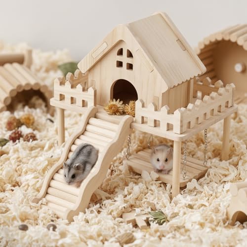 Hamster Wooden House with Platform,Ramp & Swing - Natural Wood Play Set forSyrian Dwarf Hamsters, Gerbils, Mice,Small Animals Cage Accessories