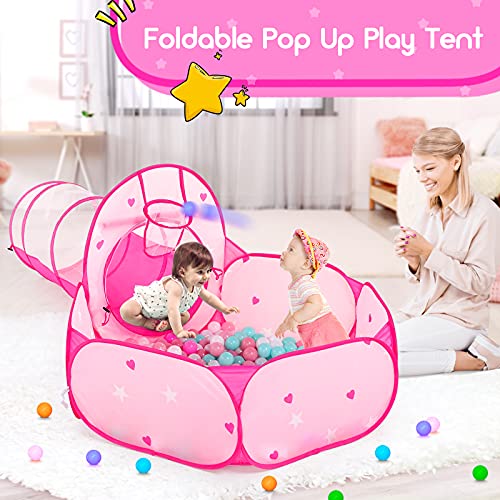 PigPigPen 3pc Kids Play Tent for Girls with Ball Pit, Crawl Tunnel, Princess Tents for Toddlers, Baby Space World Playhouse Toys, Boys Indoor& Outdoor Play House, Perfect Kid’s Gifts - style: 3PC Pink Star Play Tent