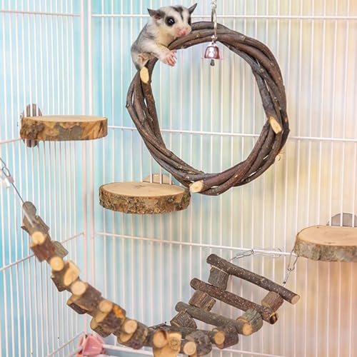 FLAdorepet 5Pcs Wood Sugar Glider Cage Accessories Small Pet Climb Chew Toy | Included Swing Ladder and 3 Platforms;Natural Apple Wood;Easy Cage Installation,Chewing Climbing Toys for Sugar Gliders Bird