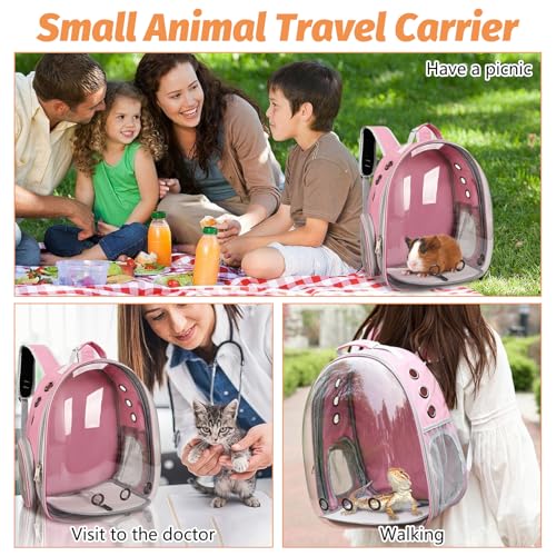 kathson Bearded Dragon Carrier with Harness and Leash Set, Large Reptile Travel Carrier Portable Lizard Backpack Clear Small Animals Carrying Bag for Gecko Hamster Rabbit Hedgehog Kitten (Pink) - color: Pink
