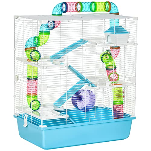 PawHut Extra Large 23" Hamster Cage with Tubes and Tunnels, Portable Carry Handles, Rat House and Habitats Big 5-Tier Design, Mouse Cage Includes Exercise Wheel, Water Bottle, Food Dish, Light Blue | Portable Carry Handles, Rat House and Habitats, Big 5-T