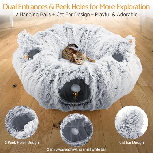 Cat Tunnel Cat Bed for Indoor Cats,Christmas Tree cat Tunnel 3-in-1 Foldable Plush Donut Tunnel with Washable Cushion, Peekaboo Cat Cave with Ears for Kittens, Puppy, Rabbit (Gray) - color: Gray